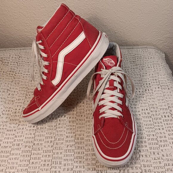 Vans women's red canvas Sk8 Hi-Top athletic shoes sz 8 (or men's 6.5) - Picture 1 of 15